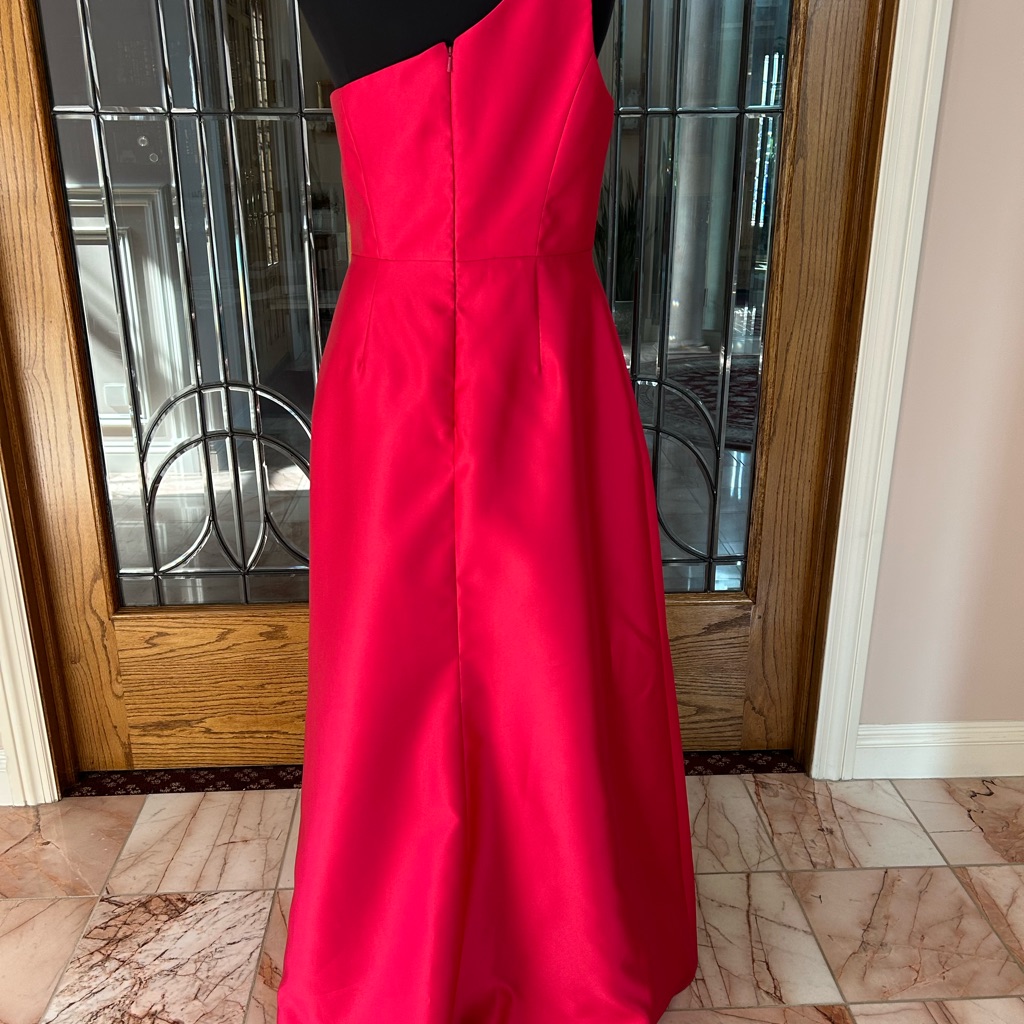 Dessy Alfred Sung D831 Satin Twill One Shoulder Gown Sz12 Vivid Pink Pockets